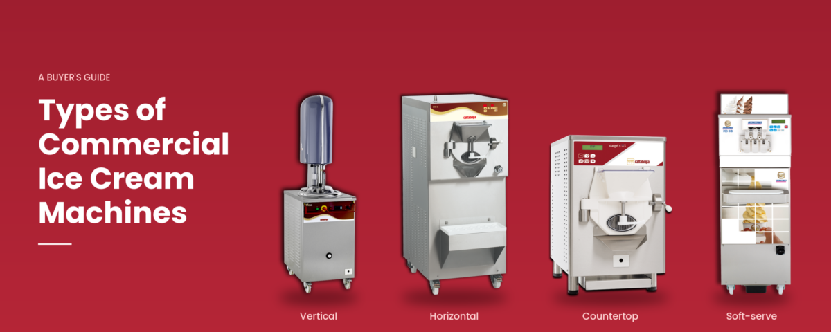 Four types of commercial ice cream machines—Batch Freezer, vertical, horizontal, countertop, and soft-serve—are each shown in a row on a vibrant red background.